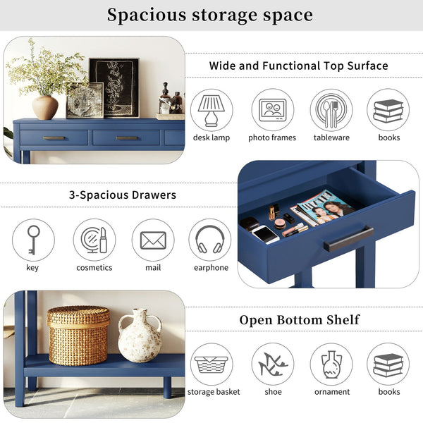 English Elm U_style Farmhouse Console Table with Three Drawers Open Shelf Entryway Organizer Navy Blue N711P410445V