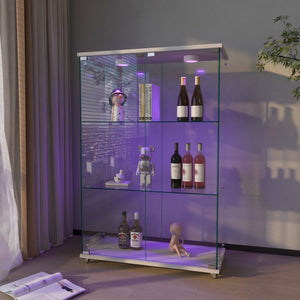 English Elm Modern Tempered Glass Display Cabinet with Led Lighting 3 Shelf 2 Door Living Room W241P400849