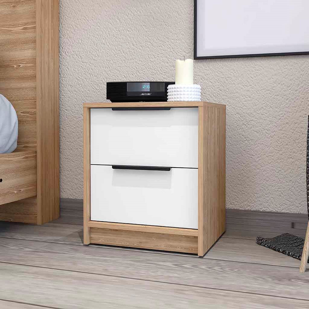 English Elm White Two-tone Oak Nightstand with Dual Drawers for Modern Scandinavian Bedrooms B062P431137