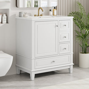 English Elm Christopher Knight Home® - 30" Freestanding Bathroom Vanity with Ceramic Sink, Soft-Close Door, Gold Knobs & 3 Drawers, Durable Painted Finish White N759P225994K