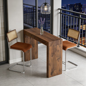 English Elm 2-piece Velvet Stool and Walnut Bar Table Set with Storage for Cafe Style Dining W2920S00104