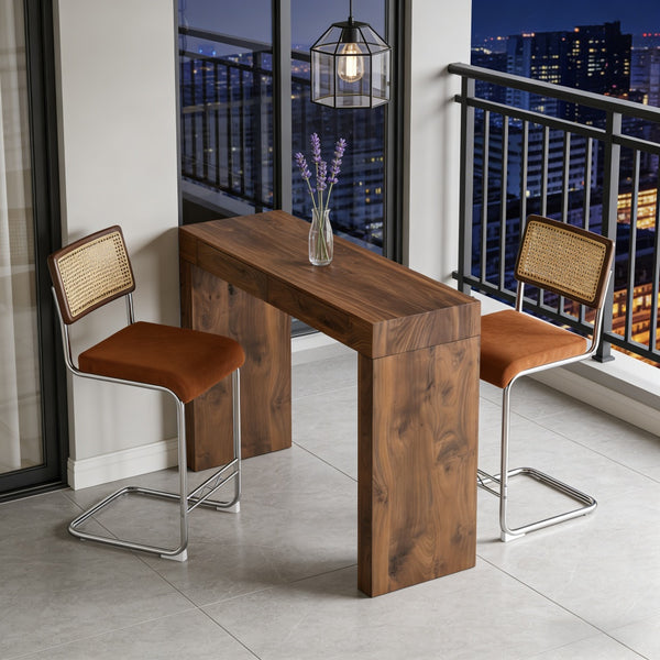 English Elm 2-piece Velvet Stool and Walnut Bar Table Set with Storage for Cafe Style Dining W2920S00104