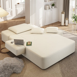 English Elm Luxurious Corduroy Convertible Chaise Lounge Sofa Bed with Foam Support for Apartments Beige W3219P449012