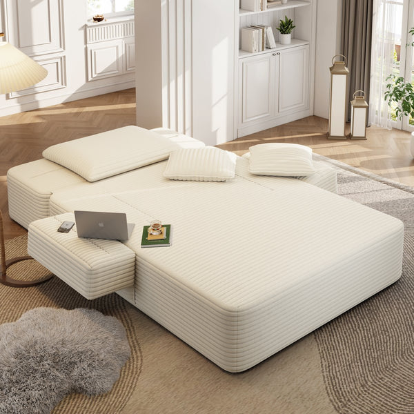 English Elm Luxurious Corduroy Convertible Chaise Lounge Sofa Bed with Foam Support for Apartments Beige W3219P449012
