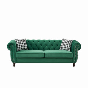 English Elm 87"Chesterfield Velvet Upholstery Sofa with Roll Armrests & Nailhead Trim, 3-Seater Luxurious Midcentury Design Green W3373S00047