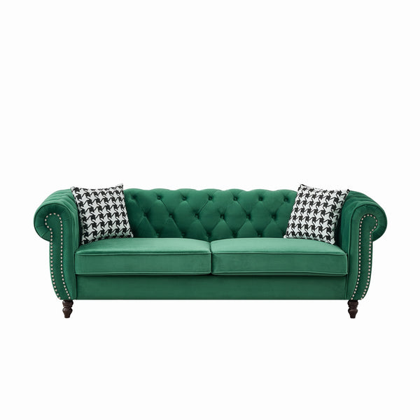 English Elm 87"Chesterfield Velvet Upholstery Sofa with Roll Armrests & Nailhead Trim, 3-Seater Luxurious Midcentury Design Green W3373S00047