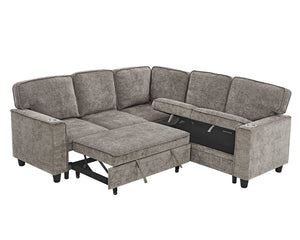 English Elm L-Shaped Sofa with Pull-Out Bed and Storage, 5-Seat Sectional with USB, Cup Holders, Cozy Chenille Light Brown W1998S00062