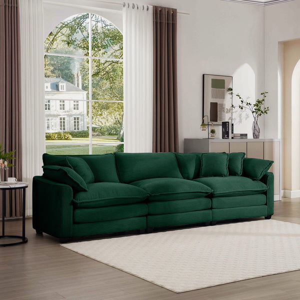 English Elm Mid-Century Modern Sectional Sofa - Plush Green Corduroy 3-Seater With Pillows For Ultimate Comfort W714S00815