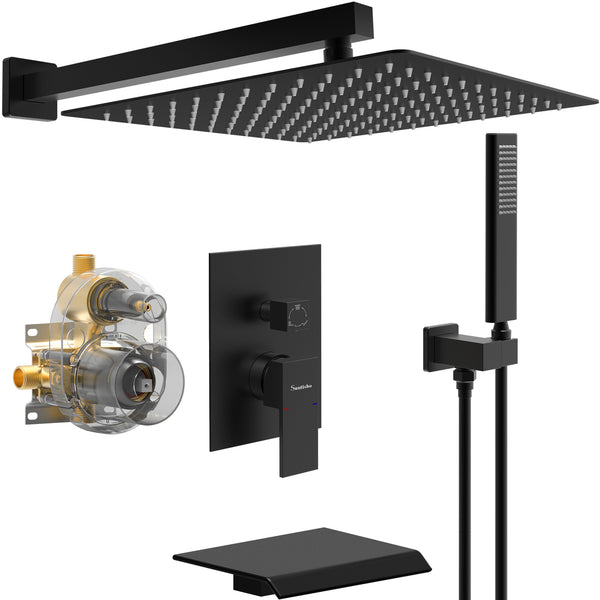 English Elm Male Npt Bathtub Shower Faucet Set – Luxurious Matte Black Rain Shower & Waterfall Tub System T3177P277544