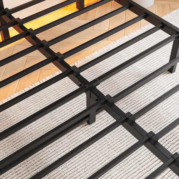 English Elm Full Metal Bed Frame with Wooden Headboard, USB Charging, RGB App Lighting, Large Under-Bed Storage Beige+Brown W840P209896