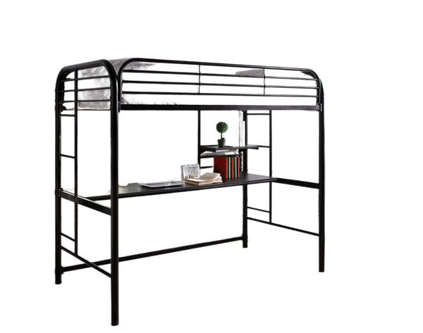 English Elm Black Twin Bunk Bed with Built-In Desk and Shelves, Heavy-Duty Metal Frame, Safe Guard Rails Black 78 L x 44 W x 8 H B2741P351282