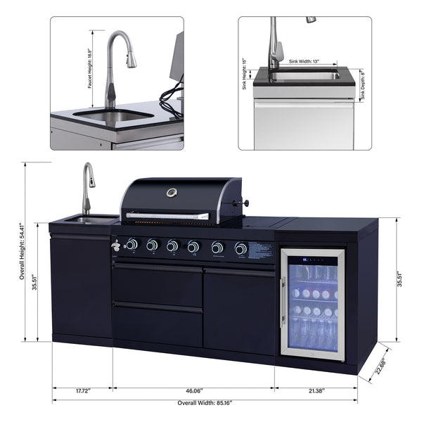 English Elm Outdoor Propane Kitchen Island with Grill Sink Refrigerator and Bar in Stainless Steel W5007S00006