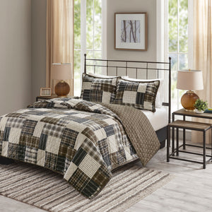 English Elm 3 Piece Reversible Timber Quilt Set Full/Queen - Rustic Patchwork & Plaid Double-Sided Cabin Chic, Machine Washable B03597530