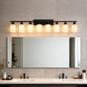English Elm Wall Vanity Light Eight Bulb Matte Black Metal Glass Shade Modern Bathroom Fixture W5008P389870