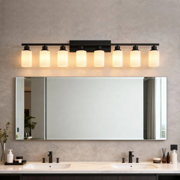 English Elm Wall Vanity Light Eight Bulb Matte Black Metal Glass Shade Modern Bathroom Fixture W5008P389870