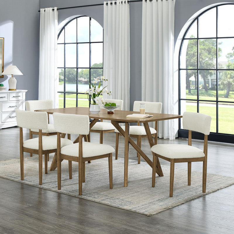 English Elm Dafne Seven Piece Walnut Oak Dining Set with Sherpa Chairs and Cross Base Table B2749S00319