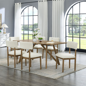 English Elm Dafne Seven Piece Walnut Oak Dining Set with Sherpa Chairs and Cross Base Table B2749S00319