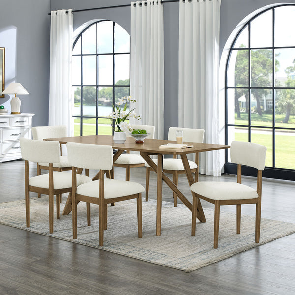 English Elm Dafne Seven Piece Walnut Oak Dining Set with Sherpa Chairs and Cross Base Table B2749S00319