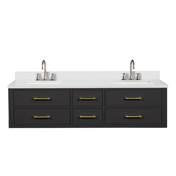 English Elm Black Double Bath Vanity With White Quartz Top, Chrome Faucet Set, Soft-Close Drawers, 72 In. W B2731P258067