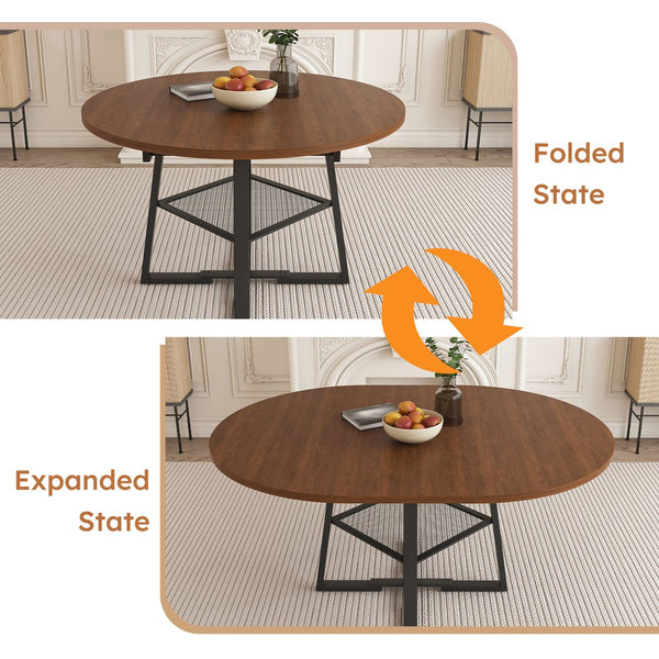 English Elm 47 Inch Extendable Round Dining Table Walnut Finish Seats 8 with Wire Grid Shelf W2700P385520