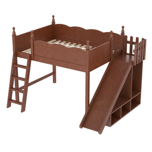 English Elm Twin Loft Bed Solid Pine Frame with Wardrobe Shelving Detachable Slide Kids Room Antique Natural W5305S00025