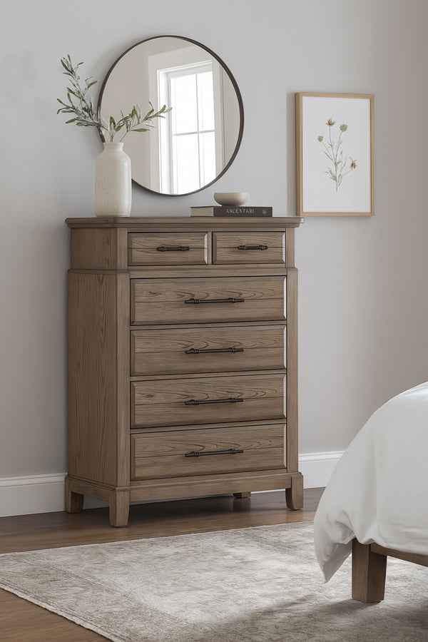 English Elm 6-Drawer Chest Caramel Finish with Elm Veneer, Industrial Metal Pulls, Framed Fronts & Tapered Feet B2699P353073