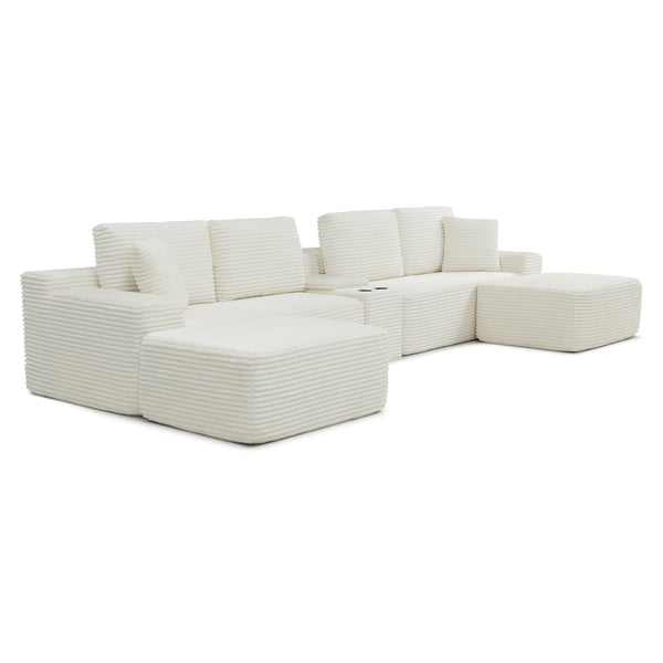 English Elm 125'' Modular L-shaped Sectional Corduroy Cloud Couch with Storage and Usb Ports W1117S00427