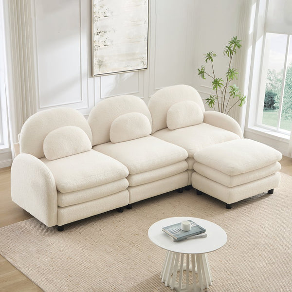 English Elm Teddy Fleece Modular Cloud Sofa Plush Curved Sectional with Ottoman for Living Room Beige White W5656S00082