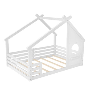 English Elm Twin House Bed Low Profile Pine Wood Frame with Shelf Montessori Kids Floor Sleeping Light White W5305P429644