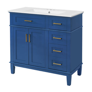 English Elm 36" Blue Modern Bathroom Vanity with Ceramic Sink, Solid Wood+MDF, Soft-Close Doors, 4 Drawers, Compact Elegance for Small Spaces N729P253935C