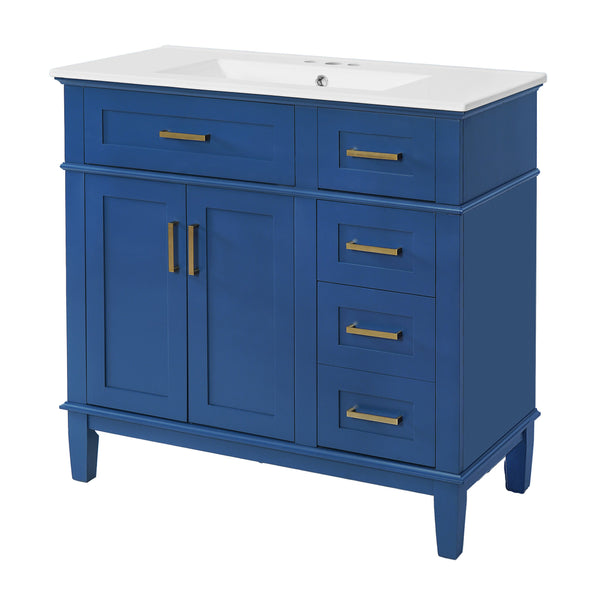 English Elm 36" Blue Modern Bathroom Vanity with Ceramic Sink, Solid Wood+MDF, Soft-Close Doors, 4 Drawers, Compact Elegance for Small Spaces N729P253935C
