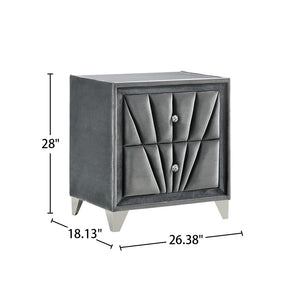 English Elm Fabric Art Deco Velvet Nightstand with 2 Drawers, Gray — Glam Vintage Upholstery, Chrome Feet, Diamond Pulls B016P252815