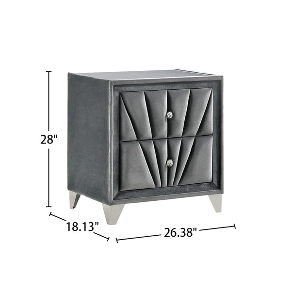 English Elm Fabric Art Deco Velvet Nightstand with 2 Drawers, Gray — Glam Vintage Upholstery, Chrome Feet, Diamond Pulls B016P252815