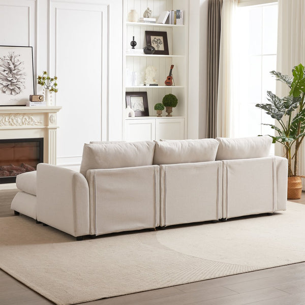 English Elm MH102.2 Modular 102.2" L-Shaped Sectional Sofa with Ottoman, 3 Cushions & Pillows, Upholstered Comfort Beige W1193S00136