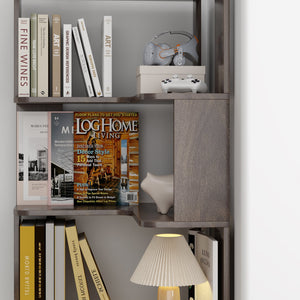 English Elm 6 Tier Freestanding L-Shaped Corner Bookshelf with Anti-Tip, Rounded Corners, 3D Wood Grain Finish Dark Brown W2899P372516