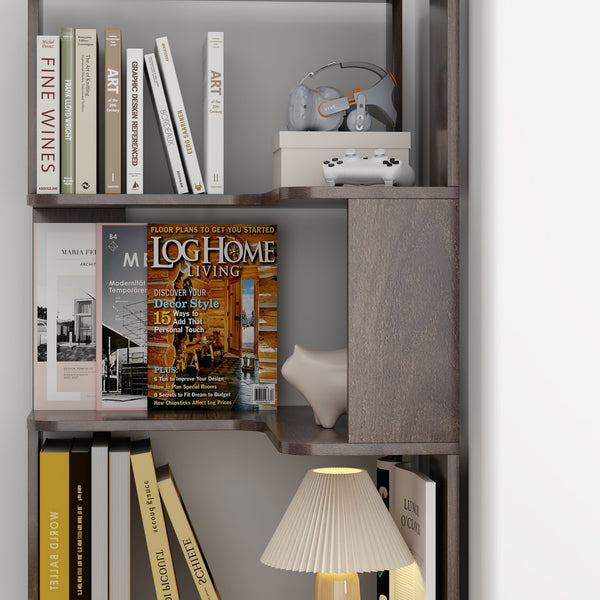 English Elm 6 Tier Freestanding L-Shaped Corner Bookshelf with Anti-Tip, Rounded Corners, 3D Wood Grain Finish Dark Brown W2899P372516