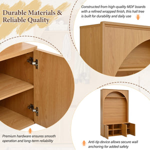 English Elm On-trend Farmhouse Hall Tree Arched Cabinet Storage Bench with Golden Hooks Mudroom Natural N721S000080D