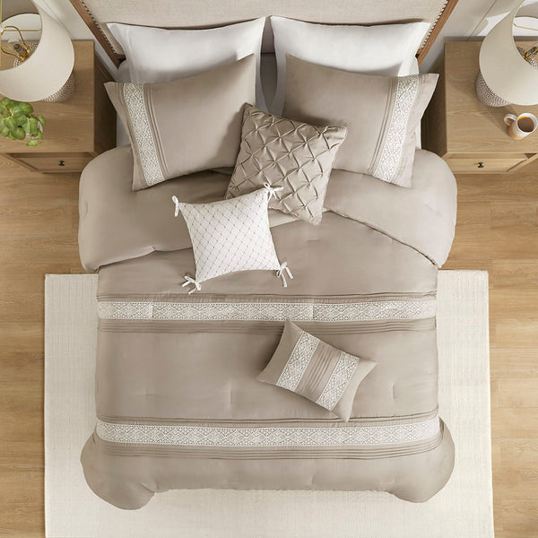 JLA Home Madison Park - 7 Vintage Lace Trim Comforter Set - 7-Piece Farmhouse Elegance with Pintuck, Pillows & Easy-Care Softness MP10-8348