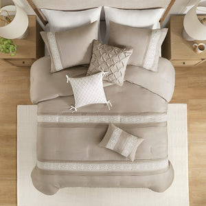 JLA Home Madison Park - 7 Vintage Lace Trim Comforter Set with Pillows — Farmhouse Pintuck Texture, Hypoallergenic, Machine Washable Taupe MP10-8347