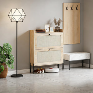 English Elm Narrow Rattan Front Shoe Cabinet with Oak Finish Entryway Storage for 16 Pairs T3971P481653