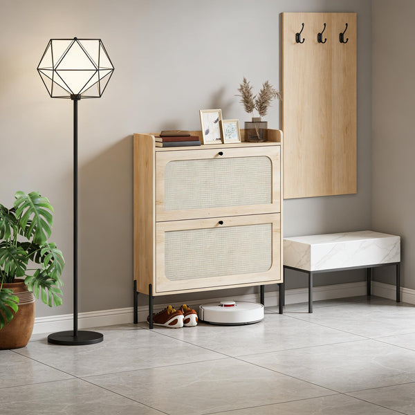 English Elm Narrow Rattan Front Shoe Cabinet with Oak Finish Entryway Storage for 16 Pairs T3971P481653