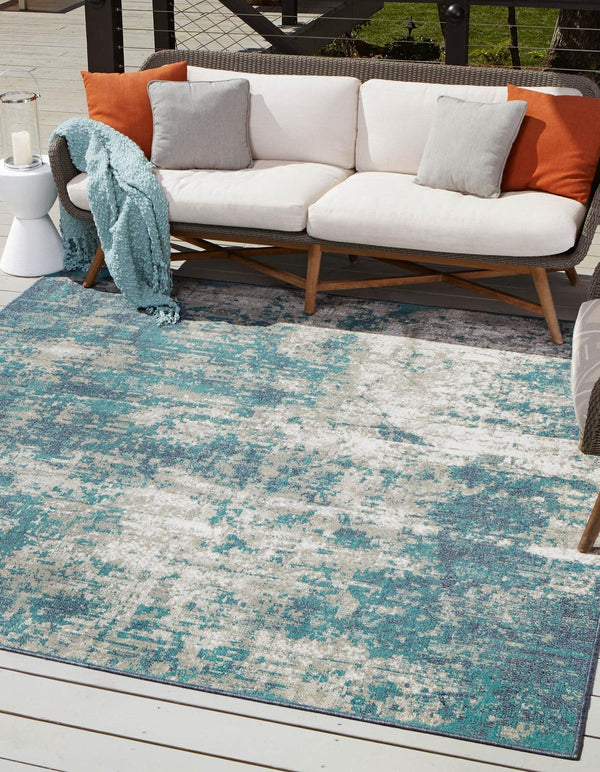 Unique Loom Outdoor Coastal Okyanus Machine Made Abstract Rug Blue, Ivory/Green/Gray 7' 10" x 7' 10"