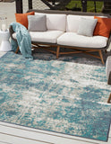 Unique Loom Outdoor Coastal Okyanus Machine Made Abstract Rug Blue, Ivory/Green/Gray 7' 10" x 7' 10"