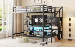 English Elm Full Size Metal Loft Bed With Integrated Tv Stand, Staircase & Wardrobe - Perfect For Kids & Teens! W2593S00012
