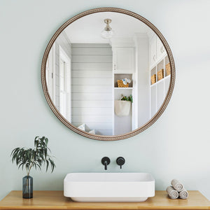 English Elm Round Rattan Textured Wall Mirror Natural Woven Frame Bohemian Accent for Any Room W2295P414103