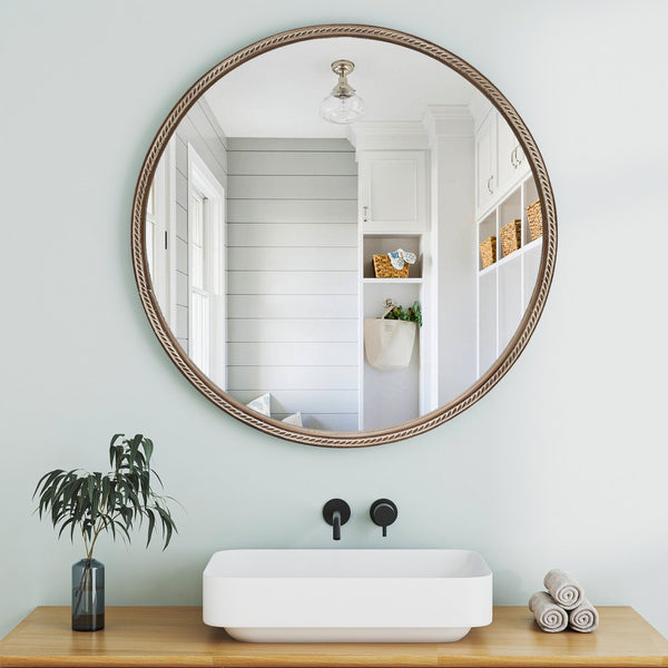 English Elm Round Rattan Textured Wall Mirror Natural Woven Frame Bohemian Accent for Any Room W2295P414103