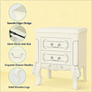 English Elm Elegant Hand-carved Nightstand with Silver Painted Edges and Two Drawer Storage T3971P458373