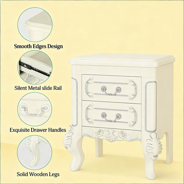English Elm Elegant Hand-carved Nightstand with Silver Painted Edges and Two Drawer Storage T3971P458373