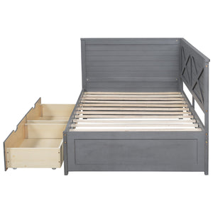 English Elm Twin Wood Daybed with 2 Drawers Rustic Guardrail in Ancient Grey — Storage Twin Bed, Pine MDF Craftsmanship, 300lb Capacity N709P179657E