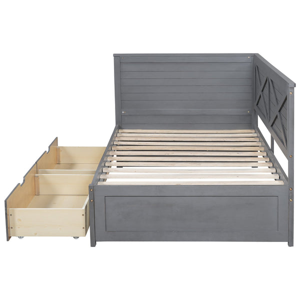 English Elm Twin Wood Daybed with 2 Drawers Rustic Guardrail in Ancient Grey — Storage Twin Bed, Pine MDF Craftsmanship, 300lb Capacity N709P179657E
